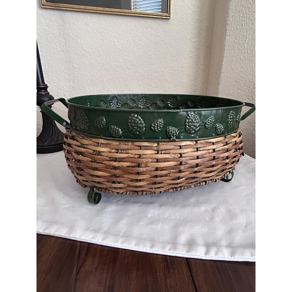 Vintage Wicker Oval Pine Cone Basket Green Metal Handles Stamped Pine Cones READ